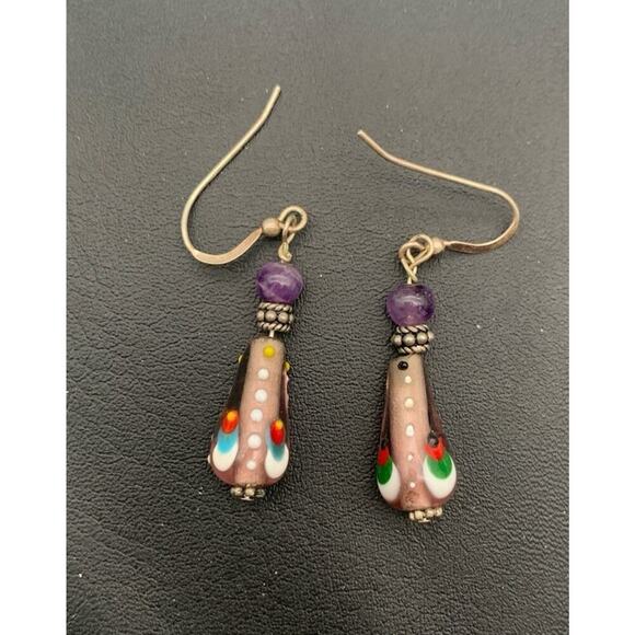 Purple Glass Hand Painted Dangle Pierced Earrings Artsy Wearable Art - Picture 2 of 3